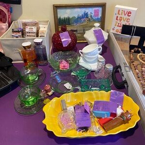 Glassware - Perfume Bottles - Pez Dispenser - Tupperware Tape Dispenser